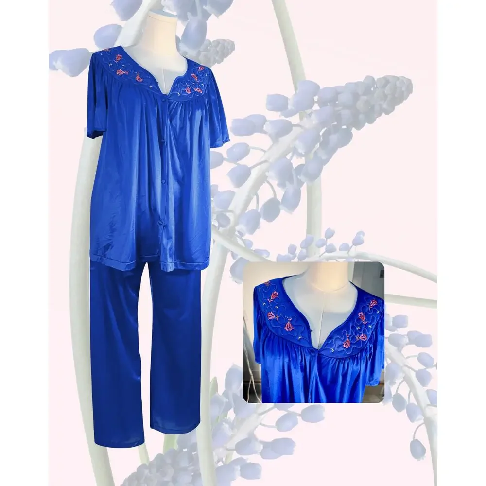Vintage 70s NWT Vanity Fair Royal Blue Pink Floral Embroidered Pajama Set Size M